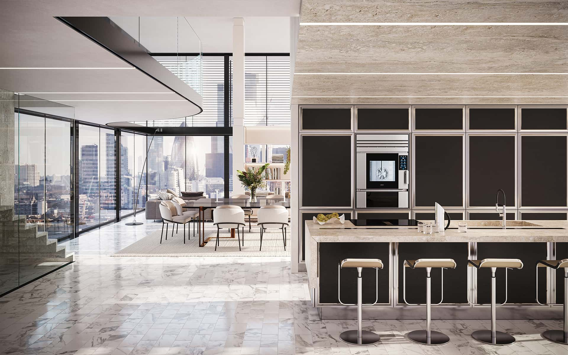 Design kitchen in a modern attic in London,  with luxury built-in oven of SuperOven collection by Unox Casa